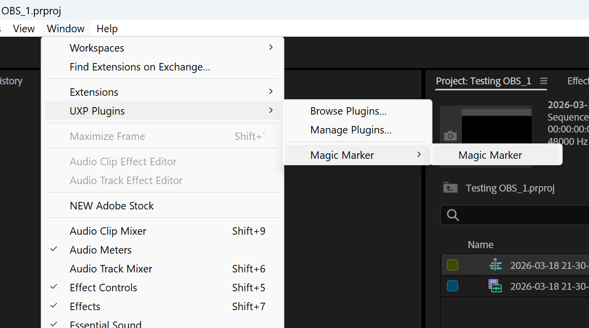 Step 1: Open Adobe Premiere Pro and navigate to Window > UXP Plugins > Magic Marker to open the panel